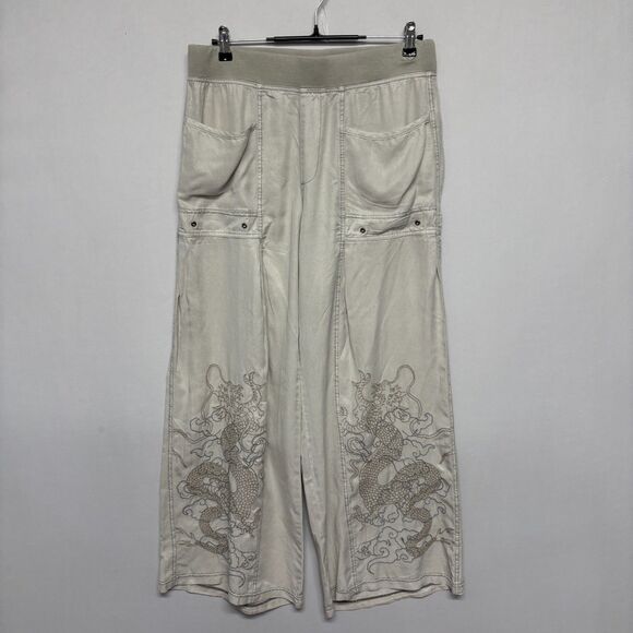 XCVI Pants - XCVI Women Wide Leg Dragon Embroidered Pants Size Medium Pull On Lyocell D126 -6